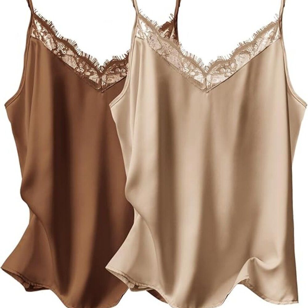 Lace Satin Cami Top 2-Pack Sexy Blouse Spaghetti Strap Tank Top Casual Party